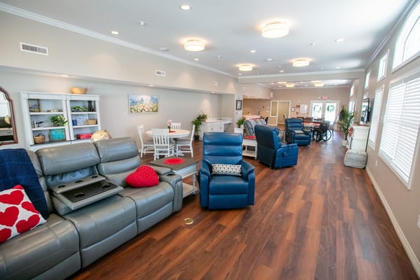 Interior view of a common area with seating and tables