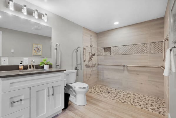 Bright, accessible bathroom with safety features