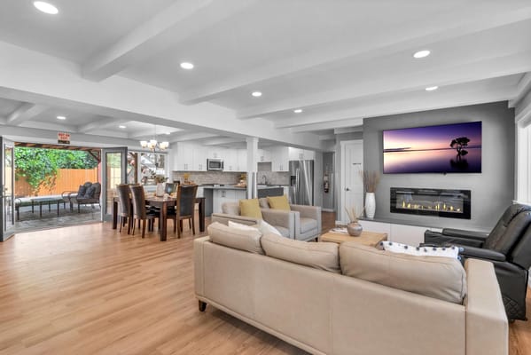 Bright interior common area with kitchen and dining space