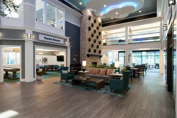 Bright interior of the game room with seating and decor