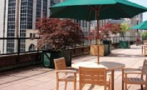 Outdoor patio with umbrellas and seating