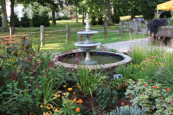 Beautiful garden with a fountain surrounded by flowers