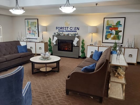 Interior lounge area with seating and decor