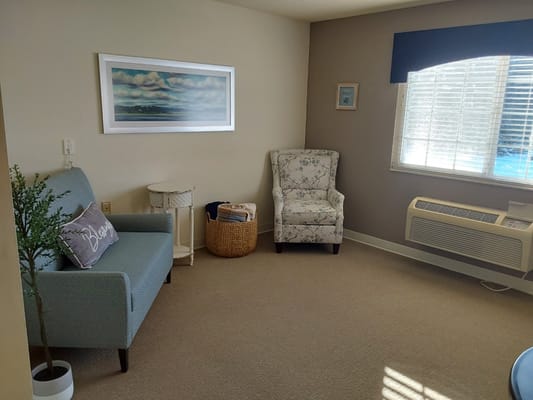 Comfortable seating area in a resident's room