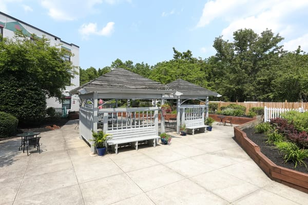 Outdoor gazebo area with seating and greenery
