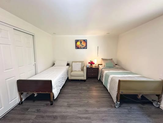 Interior of a shared resident room with two beds