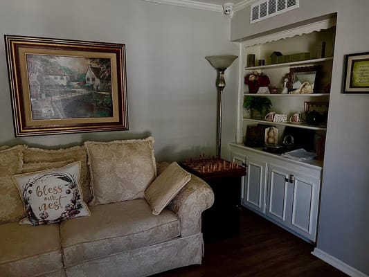 Cozy living room with a sofa and chess set