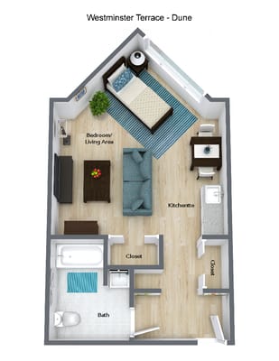 Floor plan of a studio apartment at Westminster Terrace