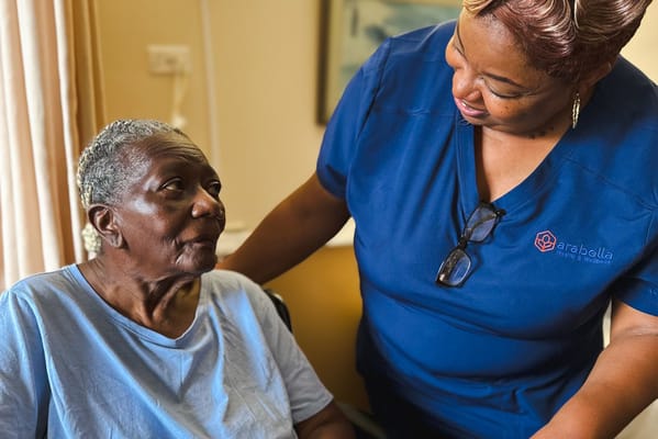 Staff member interacting with resident in a care setting