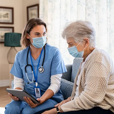 A nurse assisting a resident with a tablet