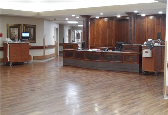 Bright and spacious reception area with wooden decor