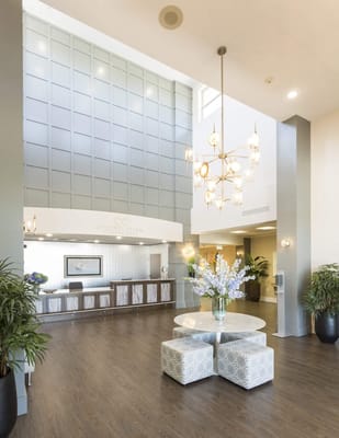 Modern lobby of a senior living facility with elegant decor