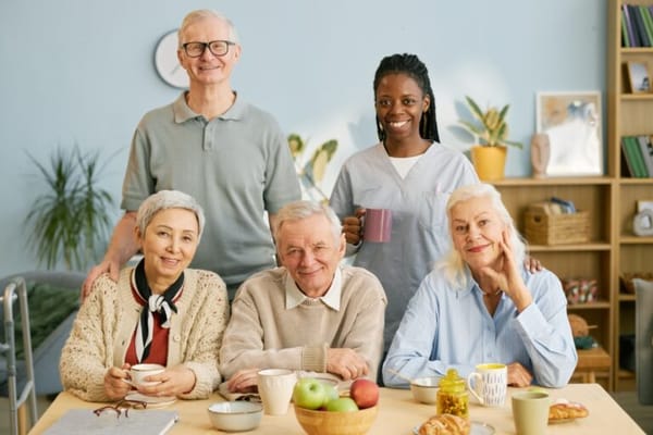 Residents and staff enjoying snacks in a common area