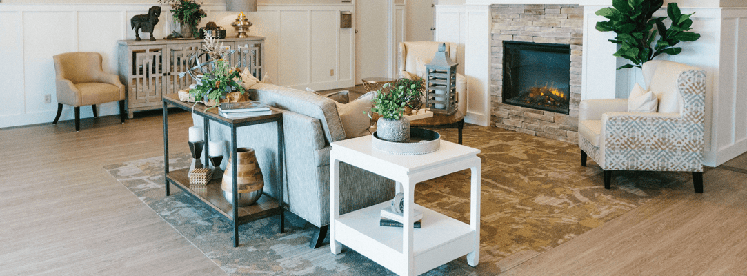 Cozy common area with seating and fireplace