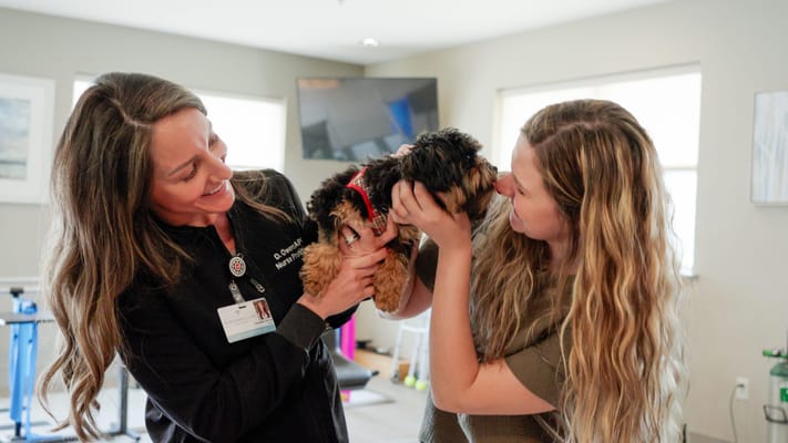 Staff member interacting with a resident and a small dog