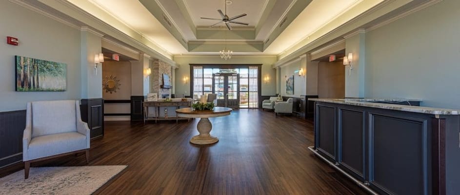 Bright lobby area with modern decor and seating