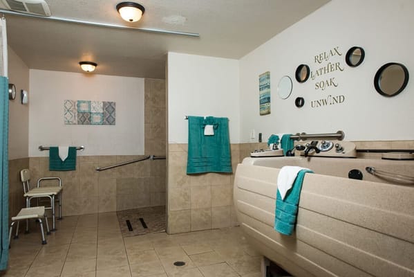 Accessible bathroom with therapeutic tub and safety features