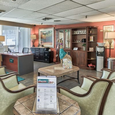 Bright interior common area with seating and decor