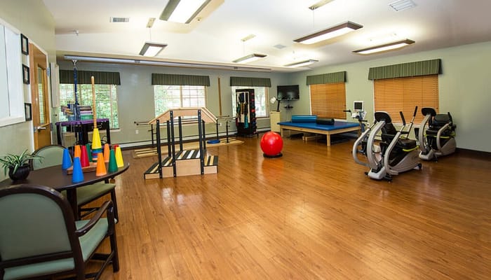 Rehabilitation area with exercise equipment and therapy tools