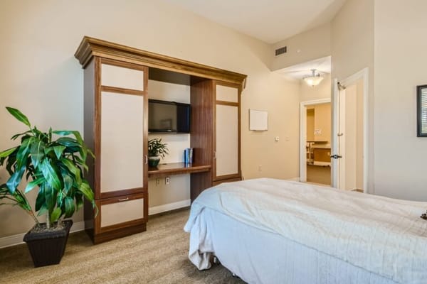 Cozy interior of a senior living room with a bed and plant