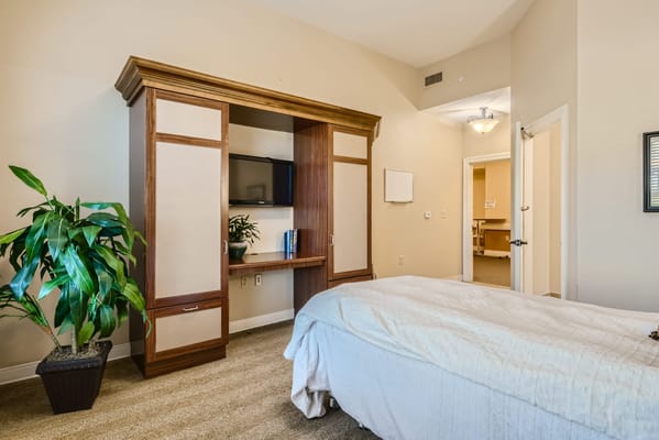 Cozy interior of a senior living room with a bed and plant