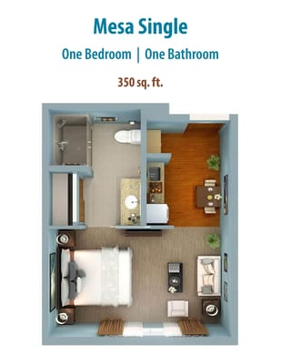 Architectural floor plan of a one-bedroom unit