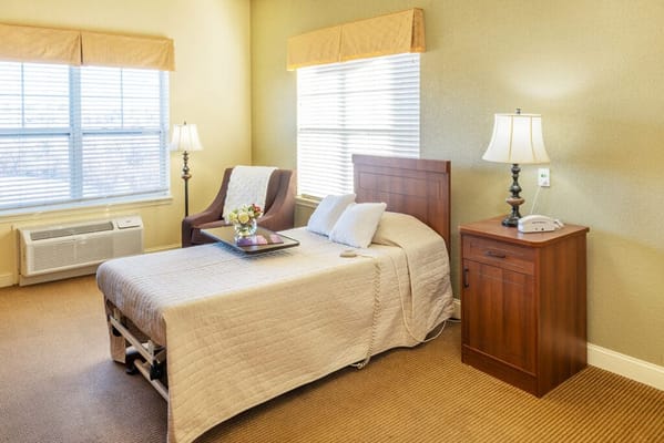 Cozy bedroom setup in a senior living facility
