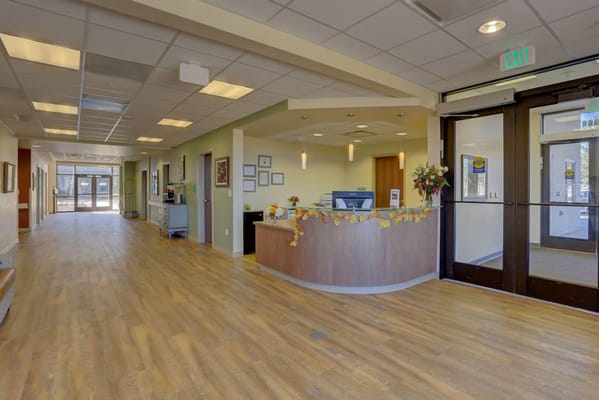 Bright lobby with reception desk and wooden flooring
