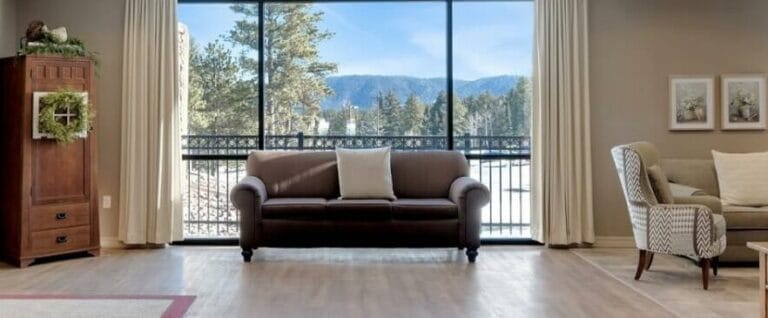 Bright common area with a view of mountains