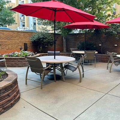 Outdoor space with tables and umbrellas