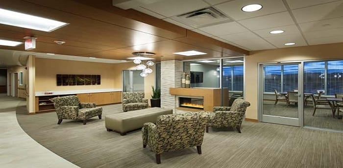 Bright and inviting common area with seating