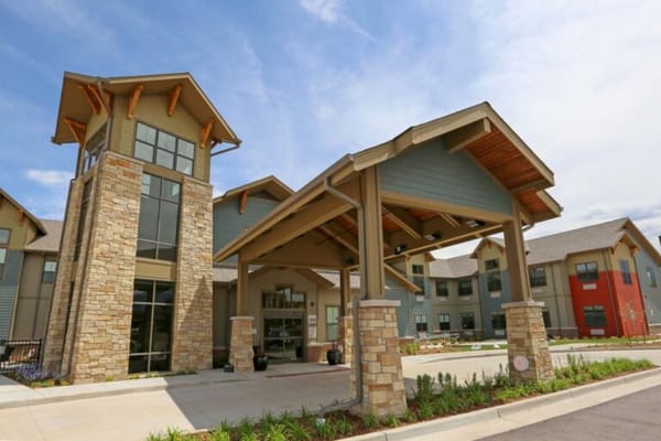 Entrance of a modern assisted living facility