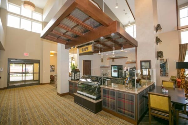 Interior view of a bright common area and café