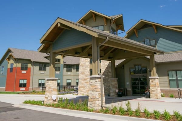 Main entrance of a modern assisted living facility