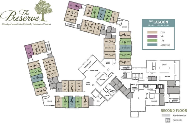 Clear architectural floor plan of a senior living facility