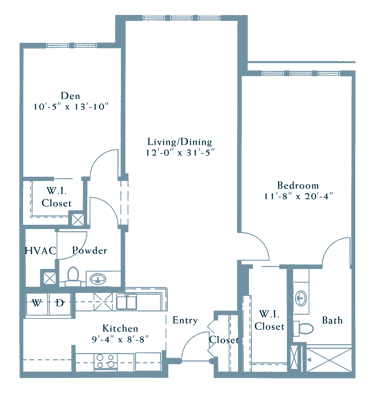 Architectural floor plan of a one-bedroom unit