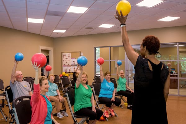 Seniors participating in a seated exercise class