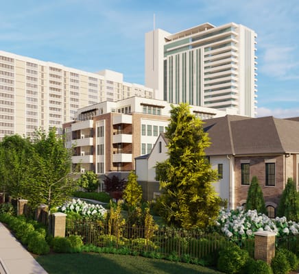 Exterior view of a modern assisted living facility with gardens