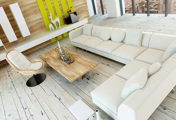 Modern living room with a light-colored sofa and wooden table