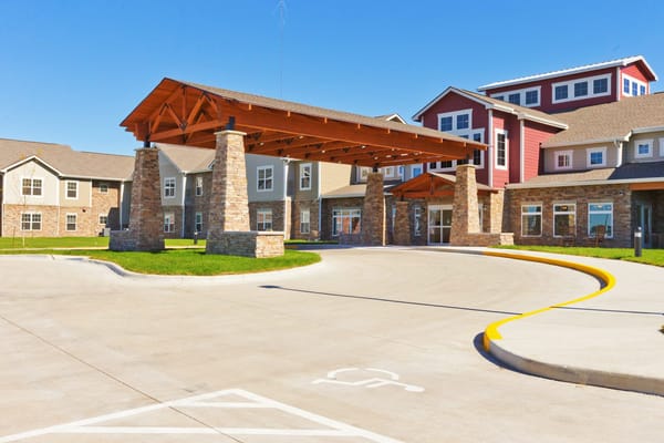 Exterior view of a senior living facility entrance