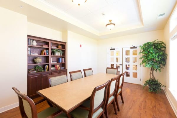 Bright interior of a dining area with a large table
