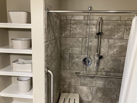 Accessible shower with shelving in a private bathroom