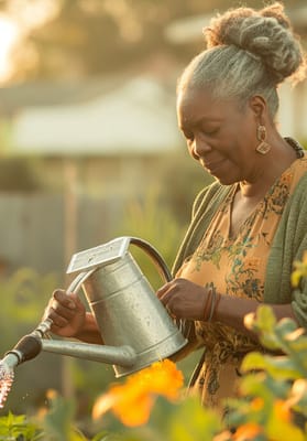 Woman watering plants in a garden
