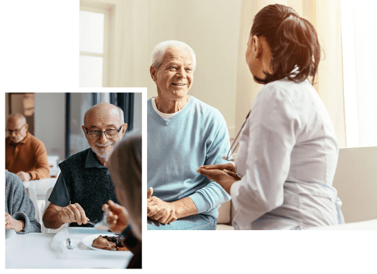 Residents enjoying a meal with staff interaction