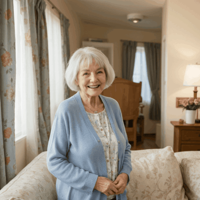 Senior woman smiling in a cozy living room