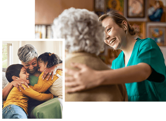 Care staff interacting warmly with residents