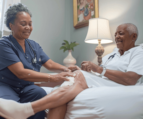 A caregiver assisting a resident with a medical check-up