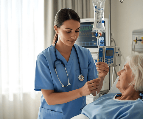 Nurse administering IV treatment to a resident in a hospital setting