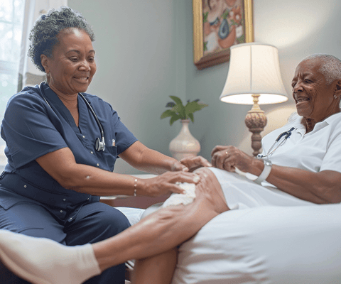 A caregiver assisting a resident with treatment in a cozy room