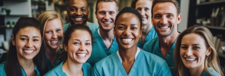 A group of smiling healthcare staff in scrubs